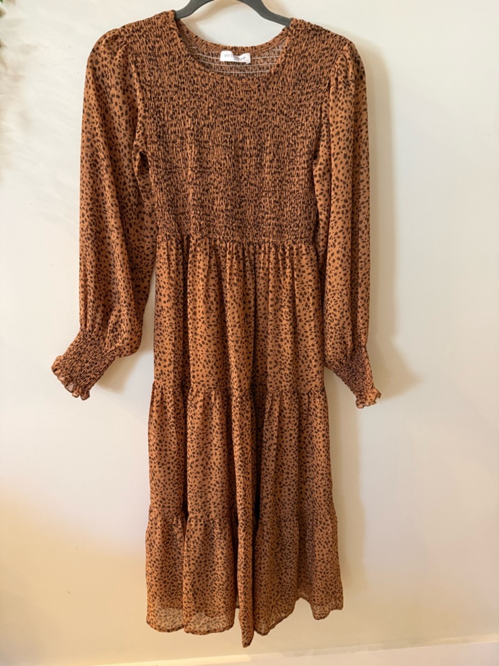 vestique Brown Animal-Print Smocked Long-Sleeve Midi Dress